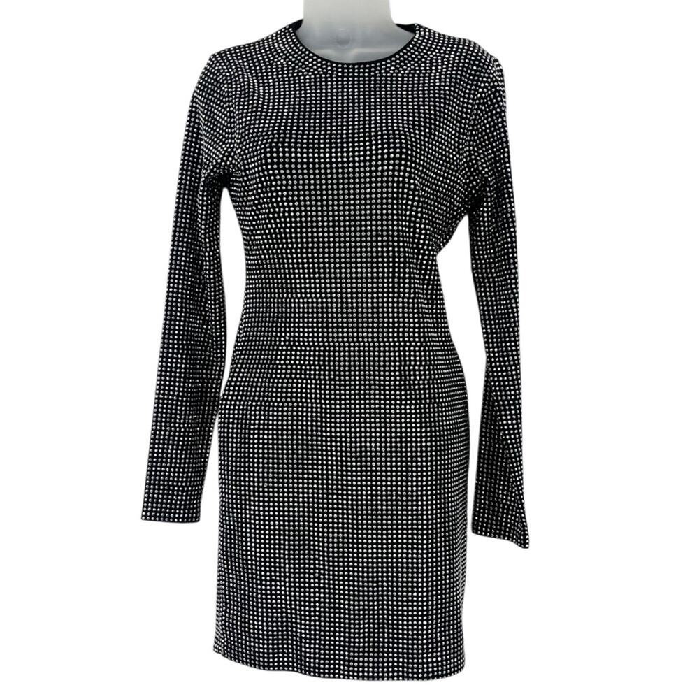 GOOD AMERICAN  Embellished Mini Dress in Black Bodycon Long Sleeve Crew Neck Med - Picture 9 of 14